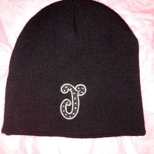 New JUSTICE rhinestone initial J letter knit beanie hat skull cap black warm